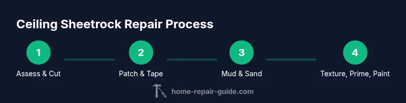 Infographic showing a four-step ceiling sheetrock repair process: assess/cut, patch/tape, mud/sand, texture/paint