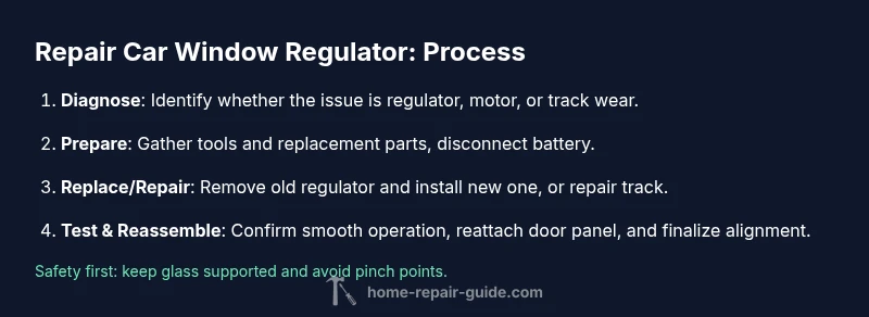 Tailwind-styled infographic showing step-by-step window regulator repair process