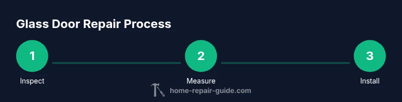 Three-step process graphic showing inspect, measure, install a glass door pane