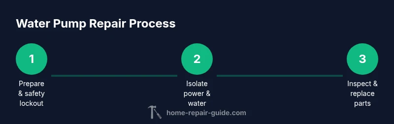 Infographic showing a 3-step water pump repair process in a home setting